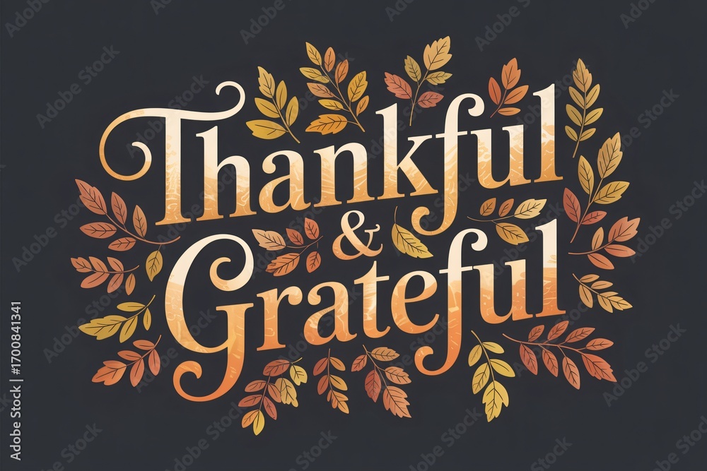 Obraz premium Thankful and grateful message surrounded by autumn leaves on a dark background