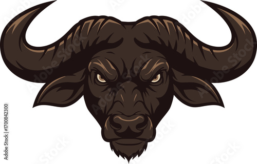 A powerful and fierce buffalo head mascot, a bold and aggressive symbol of strength, determination, and untamed spirit for a sports team or brand logo.