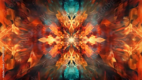 Abstract symmetrical pattern of orange and turquoise colors.