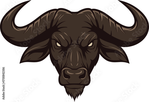 An aggressive and menacing buffalo head mascot, a striking graphic icon of raw power and untamed force, perfect for a sports logo or brand identity.