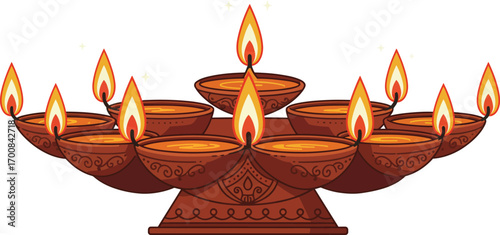 A grand and intricate arrangement of glowing traditional Indian diyas, a centerpiece of light and warmth for a massive festival celebration like Diwali.
