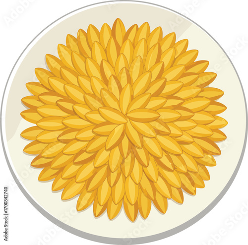 A captivating illustration showcasing fluffy, perfectly cooked golden rice meticulously arranged on a pristine white plate.