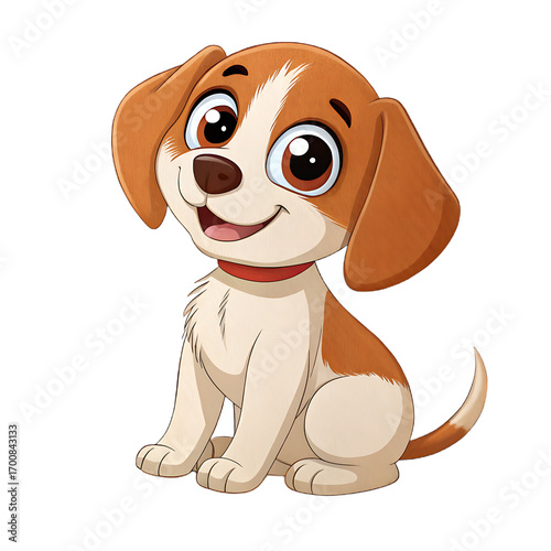 A cute cartoon puppy with brown and white fur is sitting down and looking forward, isolated on transparent background
