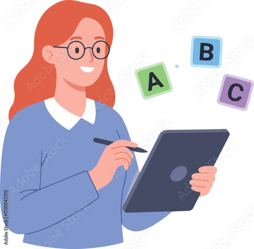 Teacher tapping a tablet to instantly generate three quiz variants A B C tiles appear Illustration