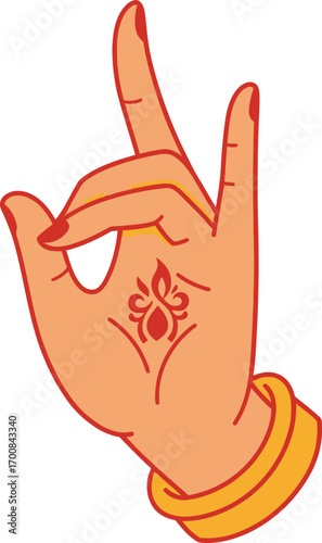 Female hand in a beautiful traditional Indian mudra gesture, adorned with a golden bangle and ornate henna pattern, symbolizing spirituality, peace, and culture.