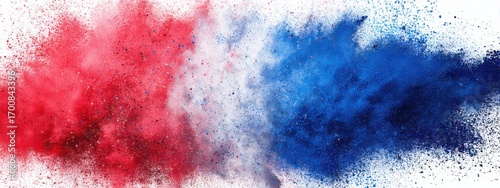 Colorful powder explosion creates vibrant red, white, and blue cloud during festive celebration in outdoor setting