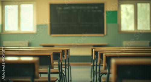 Empty Classroom With Wooden Desks and Blackboard in a Tranquil Educational Se...