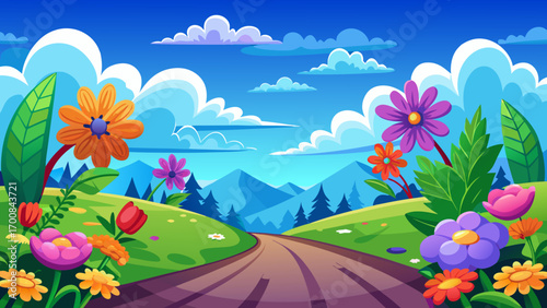 he background is a blue sky, with colorful flowers on the grass on both sides of the road. There's an empty road in front with white clouds floating above it. The green grass covers half or more than 