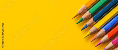 Colorful Pencils Arranged Neatly on a Vibrant Yellow Backdrop Showcasing Crea...