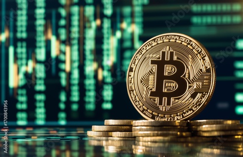Bitcoin Coin Displayed With Financial Graphs Illustrating Market Trends and T...