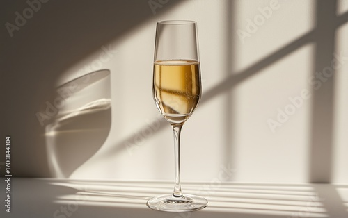Elegant Champagne Glass With Bubbles and Shadows on a Wall During Afternoon L...