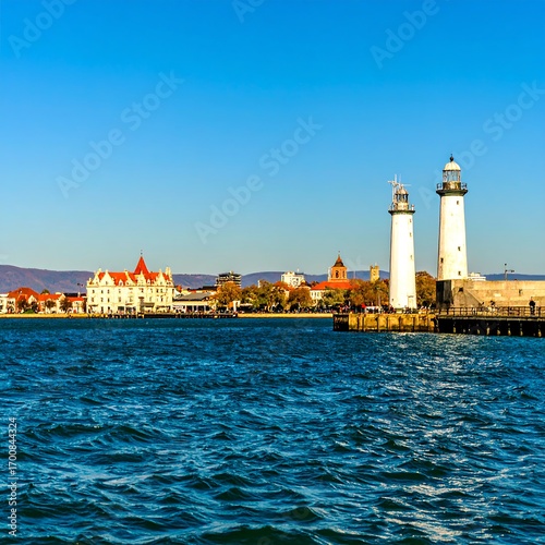 Waterfront city view with lighthouses