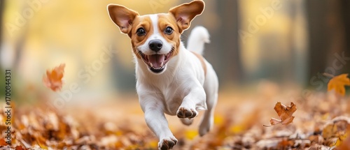 Running Dog Enjoys Autumn Leaves in a Sunny Park