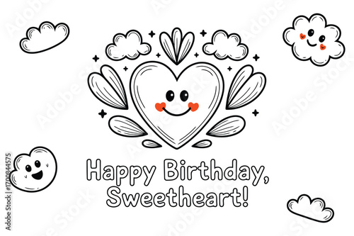 Cute Heart and Clouds Happy Birthday Sweetheart Illustration. Clouds smile heart