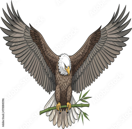 Vector, illustration, eagle with wide wings gripping bamboo tree, poster, background, animal