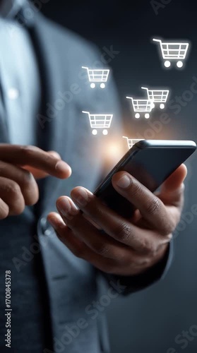 Digital Commerce: A person uses a smartphone with a seamless digital interface, complemented by icons for online shopping carts, signifying the convergence of technology and effortless consumerism.