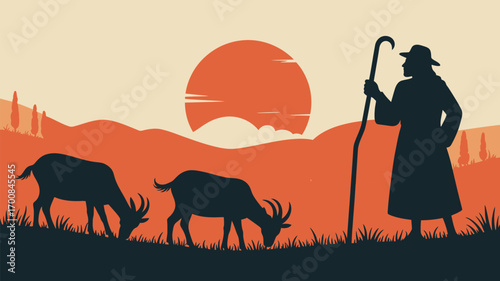 Shepherd watching goats graze in a serene sunset landscape for pastoral storybook illustration