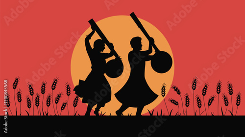 Vibrant folk dancers celebrating rural harvest festival with traditional music at sunset silhouette