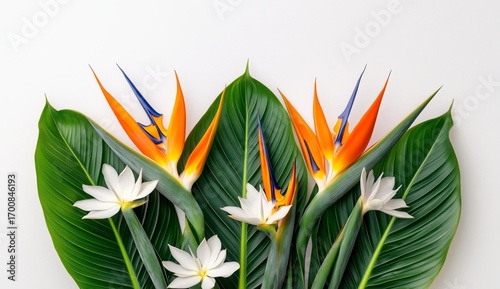 Vibrant Tropical Flowers and Leaves Arranged Artfully on a Neutral Background.