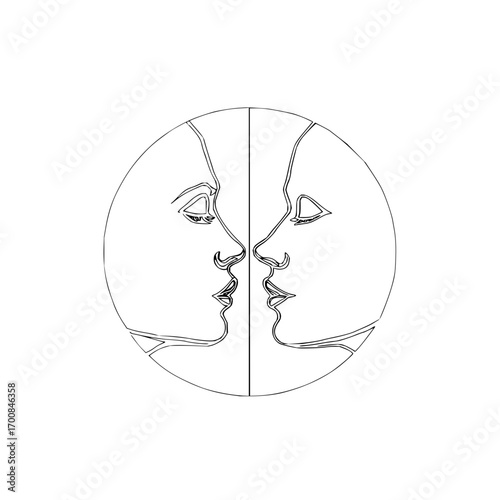 Minimalist line art of two faces kissing in a circle design with a vertical line separating them