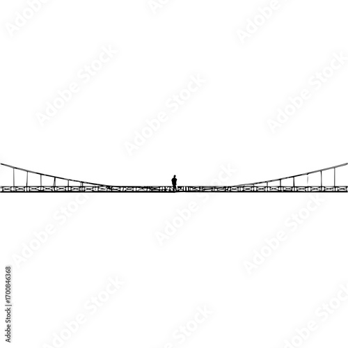 Silhouette of a person on a long suspension bridge with an intricate design in black and white image