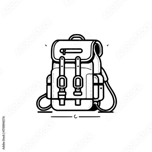 Detailed line art illustration of a vintage camping backpack with straps and pockets design is clean at 100 characters