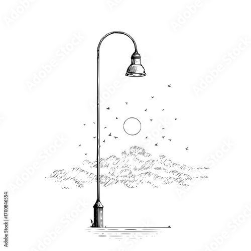 A lamppost silhouette against a cloudy sky with birds flying around the sun in the distance