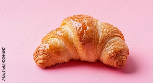 Freshly Baked Croissant on a Pink Background Showcasing Its Flaky Texture and...