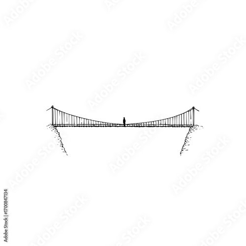 Person standing on a suspension bridge with a minimalist black and white aesthetic drawing style of the bridge 100
