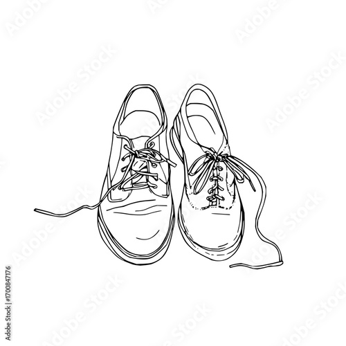 Sketch of two shoes with laces in black and white with a simple design and a clear background showing 100 characters