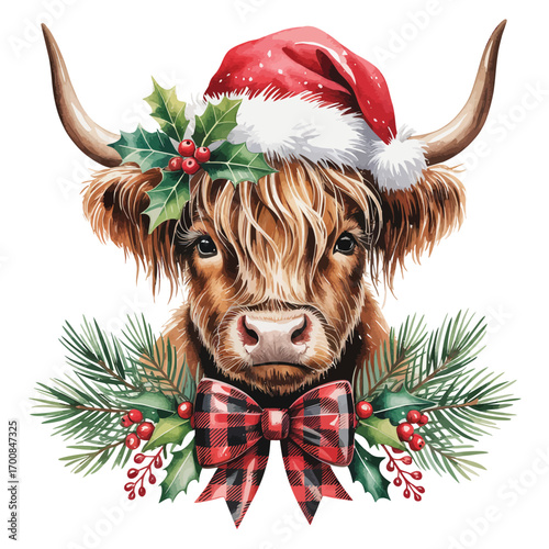 Highland cow wearing santa hat and christmas decorations