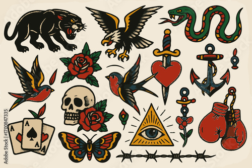 American traditional tattoo flash vector sheet with panther, eagle, skull, snake, roses, anchor, dagger, and vintage symbols