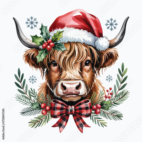 Highland cow wearing santa hat and christmas bow tie festive watercolor art