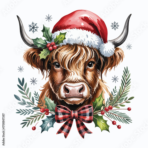 Festive highland cow wearing santa hat with christmas wreath and bow