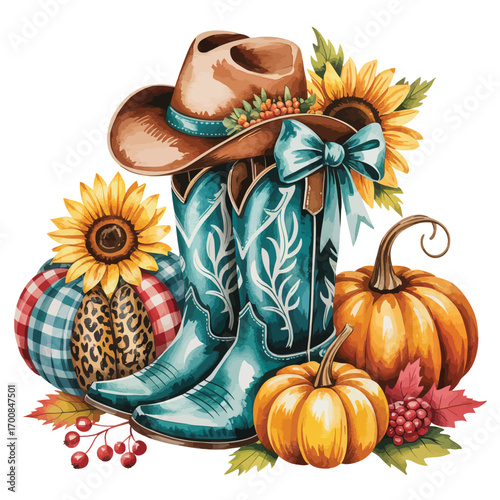 Cowboy boots and autumn harvest decorations with sunflowers and pumpkins