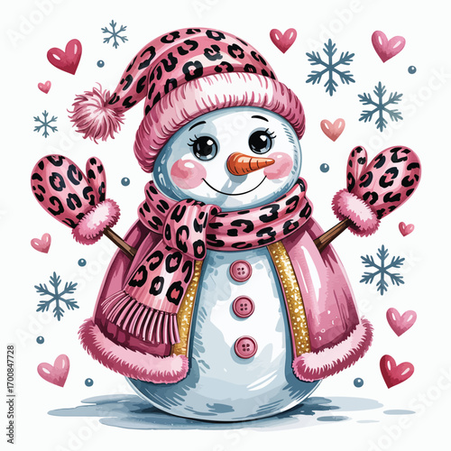 Cute snowman wearing pink leopard print hat and mittens with hearts