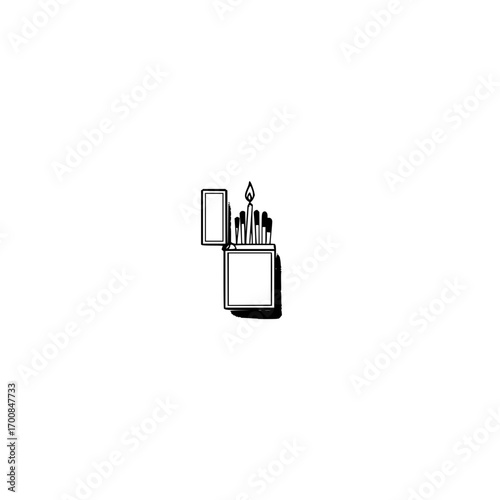 Minimalist illustration of a matchbox with matches and one match lit creating a flame in black and white art