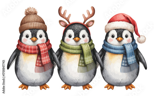 Three cute penguins wearing winter hats and scarves for christmas