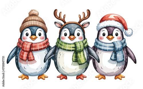 Three cute penguins in winter hats and scarves celebrating christmas