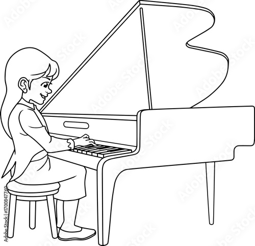girl playing the piano line vector illustration isolated on white background
