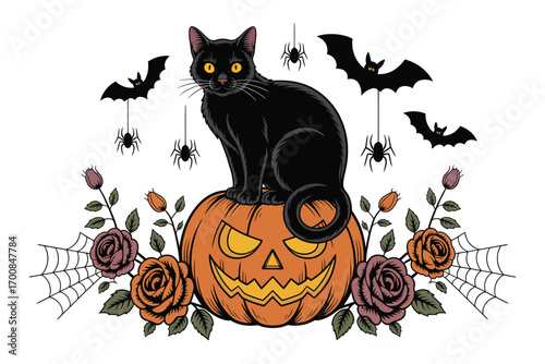 Black cat sits on a carved pumpkin surrounded by bats and roses