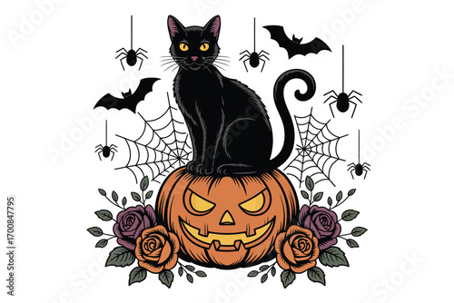 Black cat sits on a spooky jack o lantern surrounded by bats and spiders