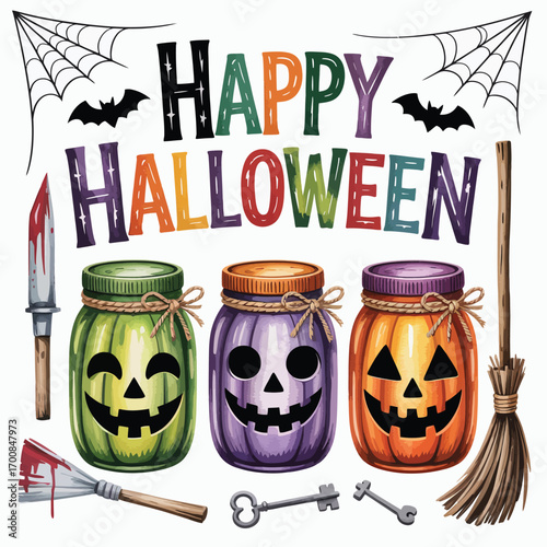 Happy halloween with jack o lantern jars and spooky decorations
