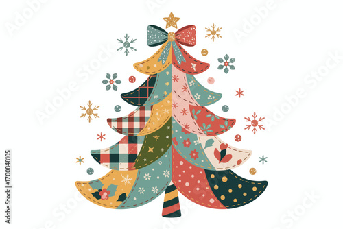 Whimsical patchwork christmas tree with festive decorations and snowflakes