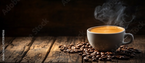 Freshly Brewed Coffee Steaming in a White Cup on Rustic Wooden Surface With C...