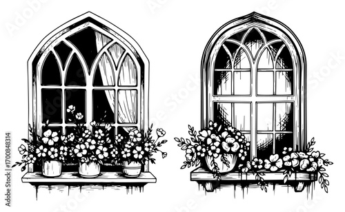 Gothic arched window set with blooming flower boxes – vintage architectural facade illustration, romantic cottage garden vibe