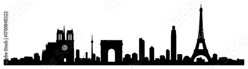 Paris city skyline silhouette – iconic Eiffel Tower and landmark buildings modern black vector illustration