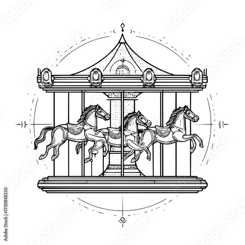 Detailed line art of a carousel with horses and an ornate roof design in black and white style