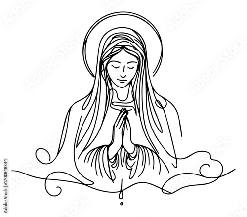 One‑line Virgin Mary praying illustration – minimalist continuous line art of holy mother saint with halo Christian religious icon
