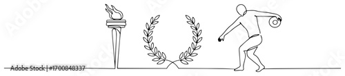 Minimalist continuous line banner with torch, laurel wreath and marathon runner – elegant sport victory vector divider
